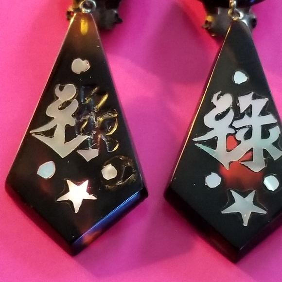 Relisted -vintage Chinese inlay clip earrings tortoiseshell - Picture 3 of 12